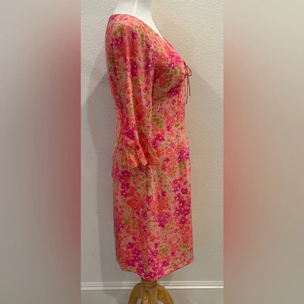 Vintage Maggy London 100% Silk Floral Midi Dress 4 Ruffle Tie Front Pink‎ Garden